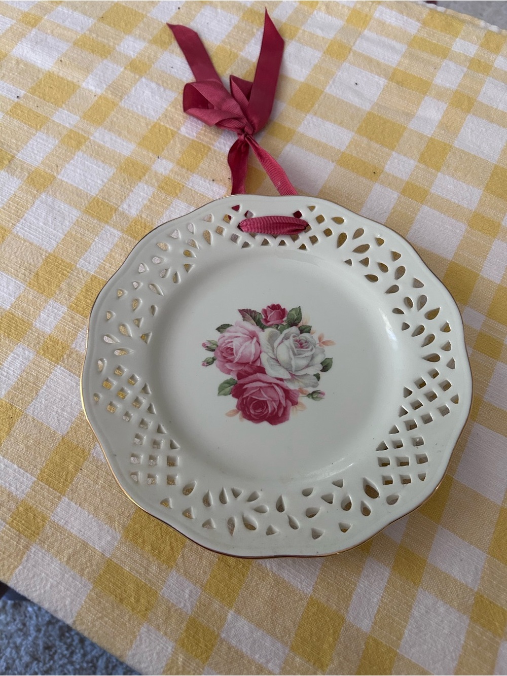 Porcelain Decorative Plate with Pink Rose Bouquet and Gold Trim